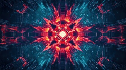 Fototapeta premium Abstract, symmetrical, futuristic, glowing, geometric, technological, intricate, pattern