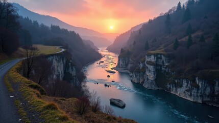 Detailed photo of Gorges du Tarn in France at dawn, with cool, rainy winter weather, shot from above.