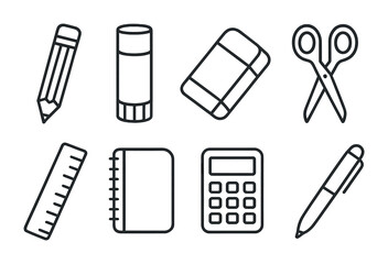 Essential school supplies linear icon set: pencil, ruler, calculator, notebook, more