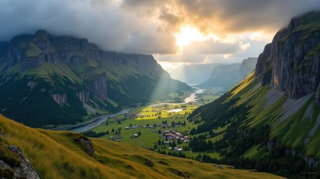 Serene Innerdalen Valley in Norway at dawn, cloudy weather, captured from a panoramic perspective.