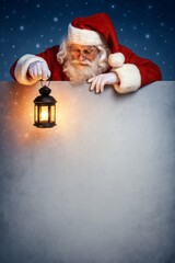 Santa Claus in Red Suit Holding Lantern and Looking Down at Empty Banner with Snowfall in the Night Sky for Holiday Decorations and Greetings