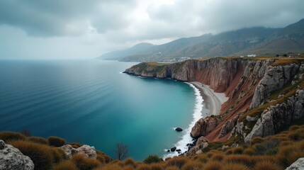 Obraz premium Panoramic shot of Porto Katsiki in Greece during midday, featuring light winter rain.