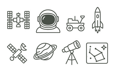 Fototapeta premium Space exploration icons set: astronaut, rover, telescope, rocket, and more in linear style