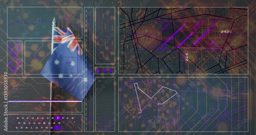 Poster australian flag with digital maps and data processing animation overlay
