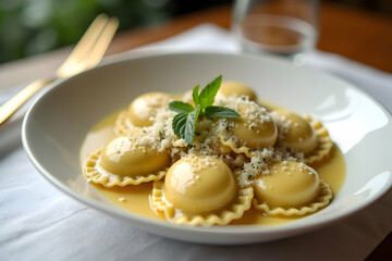 Exquisite close up of traditional italian ravioli pasta with creamy sauce and parmesan cheese served on a white plate showcasing culinary artistry