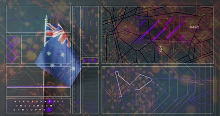 Australian flag with digital maps and data processing animation overlay - Powered by Adobe