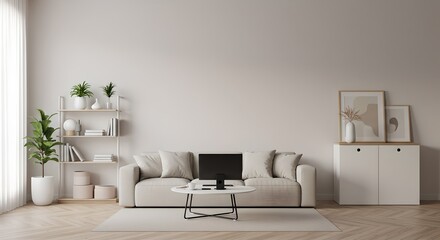 Clean virtual Zoom background with modern interior, soft lighting, and neutral tones for professional video calls.