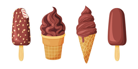 Delicious chocolate ice creams. Popsicle, waffle cone, chocolate soft serve cone. Hand drawn flat style isolated illustration For dessert menus, ice cream packaging, posters, social media, summer food