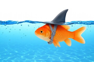 Whimsical Goldfish Wearing Shark Fin in Aquatic Environment with Sparkling Water and Bubbles Above, Playful Underwater Scene for Creative Concepts