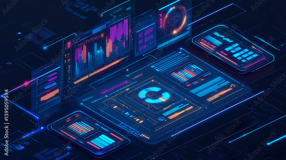 Poster futuristic dashboard interface data visualization analytics ui ux design technology innovation backg