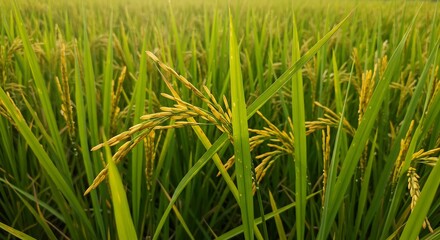 Fototapeta premium Golden Rice Field Sunlit Landscape. AI Generated
