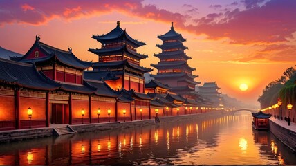 Obraz premium Serene Sunset Over Traditional Chinese Architecture by Riverside
