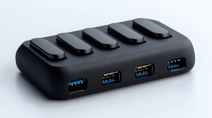 Black Textured USB Hub with Four Ports on White Background