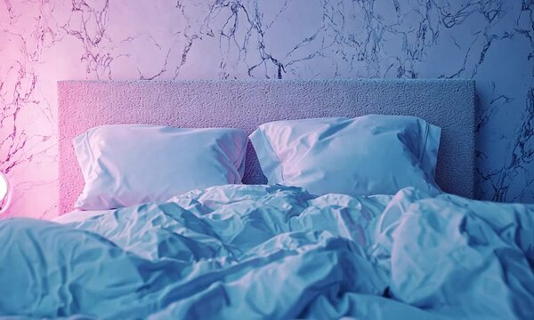 Cozy bedroom with rumpled bedding and soft lighting, creating a serene atmosphere