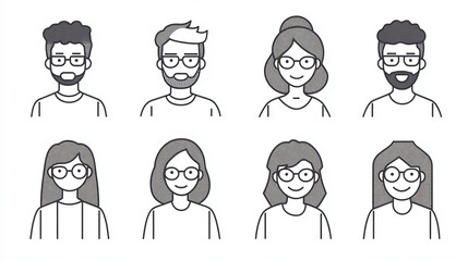 Vector avatars of diverse people with glasses for profile pictures and social media simple line art style