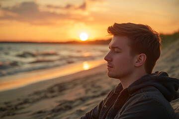 Fototapeta premium Person meditating in sunlight nature park beach ocean forest field in peaceful mindfulness practice, generative ai