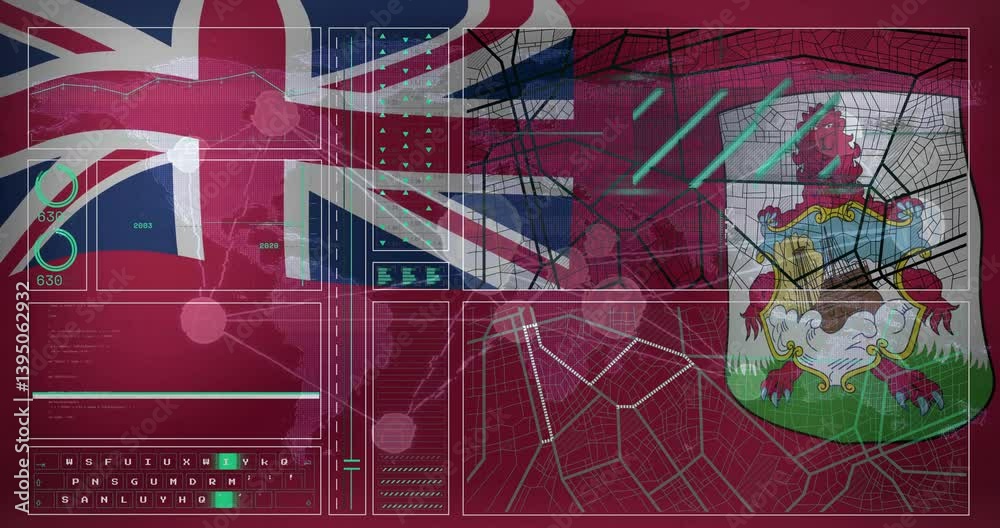 Poster union jack and bermuda flag over digital map and data interface animation