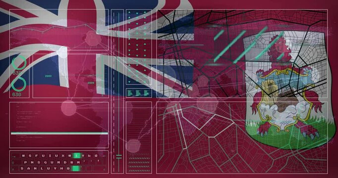 Union Jack and Bermuda flag over digital map and data interface animation