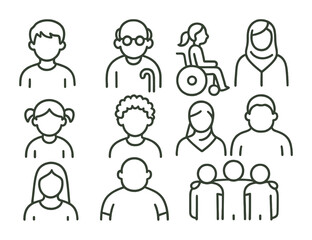 Fototapeta premium Inclusive community icons set: diverse, accessibility-focused linear style
