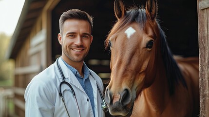 Smiling veterinarian stands beside a brown horse in stable setting