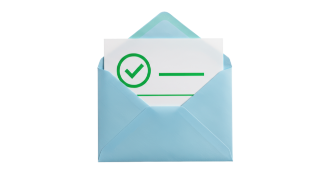 Isolated Blue Open Envelope with Green Checkmark Sheet Inside