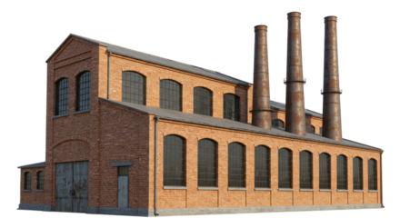 Isolated Old Brick Factory Building with Tall Chimneys