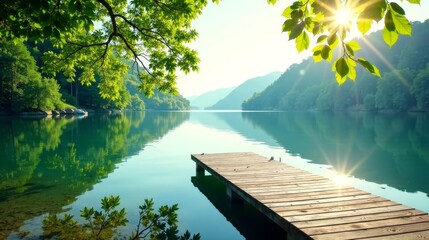 Obraz premium Serene Lakeside Wooden Dock at Sunrise with Tranquil Water Reflections and Lush Green Foliage