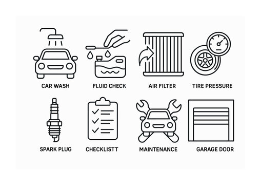 Minimalistic linear car maintenance icons set for essential automotive care