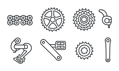 Linear bicycle parts icons set: chain, gear, derailleur, crank, sprocket, shifter
