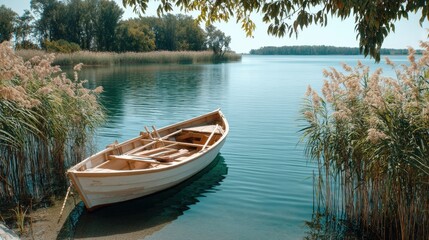 Obraz premium Explore the Harmony of Nature and Eco-Friendly Living with Our Docked Boat in a Serene Lake