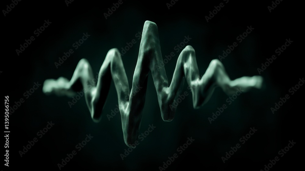 Poster abstract 3d rendering of a dark green waveform with a textured, particle like center. the waveform i