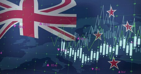 Stock market graph overlay with New Zealand flag and financial data in background - Powered by Adobe