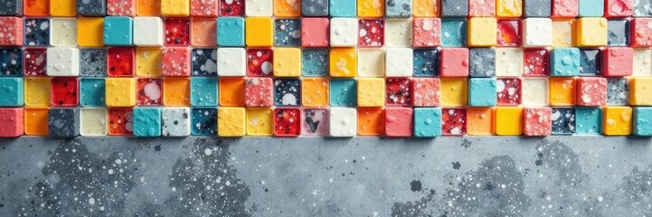 Colorful mosaic squares on gray grout with abstract nature marble background and plastic stony tile, plastic, gray, colorful