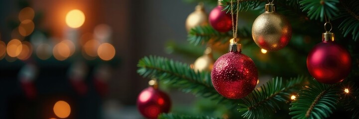 Colorful ornaments hang from a decorated Christmas tree, Tree lighting, Decorated tree, Colorful ornaments