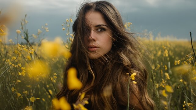 Portrait of woman standing in yellow field with wind blowing through her long hair