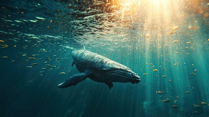 Fototapeta premium A gentle gray whale swimming peacefully underwater, sunlight filtering through the surface, schools of small fish surrounding it. 