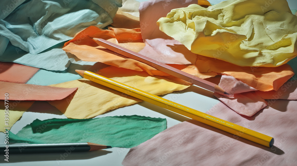 Poster pastel-colored crumpled paper sheets with two colored pencils lying on top, creating a textured, art