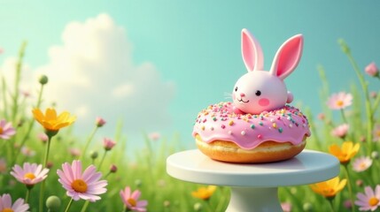Delightful Pink Bunny Nestled in a Sprinkled Donut on a Cake Stand in a Spring Meadow