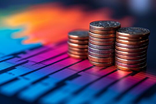 Financial charts and glowing binary code holograms, contemporary office space generated with AI