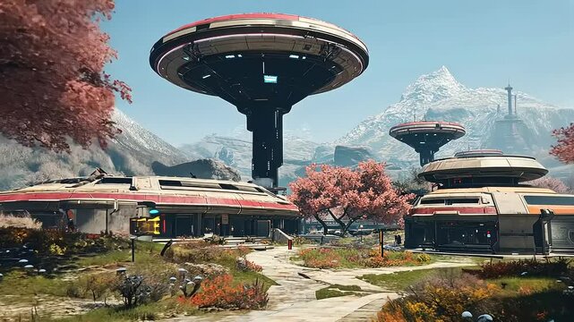 Futuristic Mountain Village: A serene landscape where technology and nature coexist peacefully.