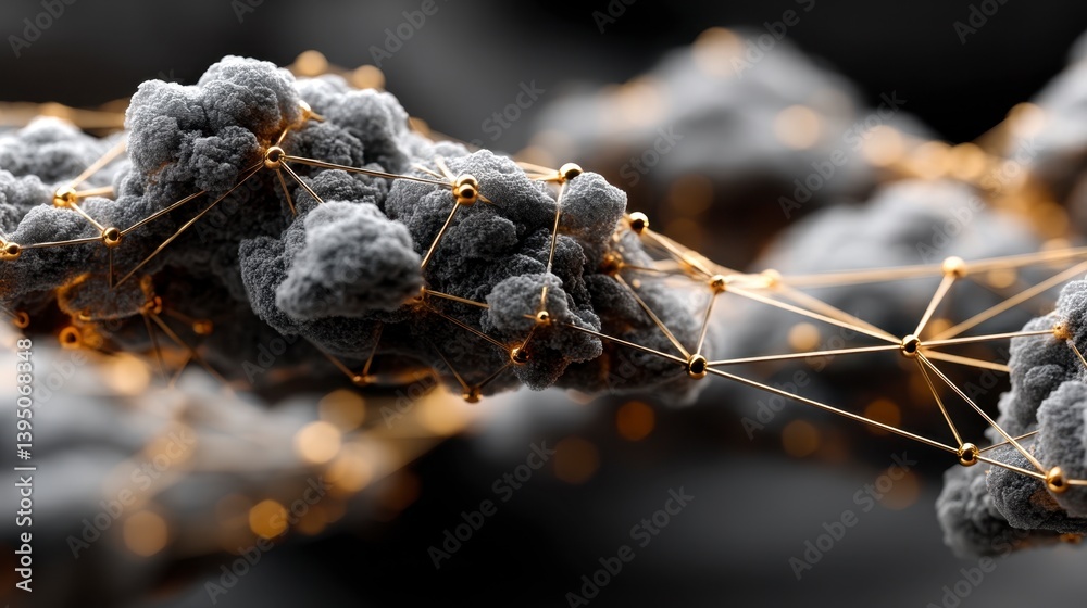 Poster abstract 3d rendering of interconnected gray and gold nodes forming a cloud like structure. dark bac