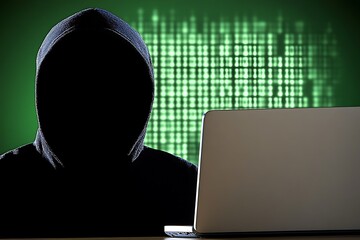 A hooded person using a laptop with digital code displayed behind