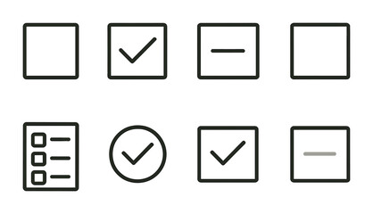 Linear check and list icon set: checkmarks, boxes, and task lists for ui design