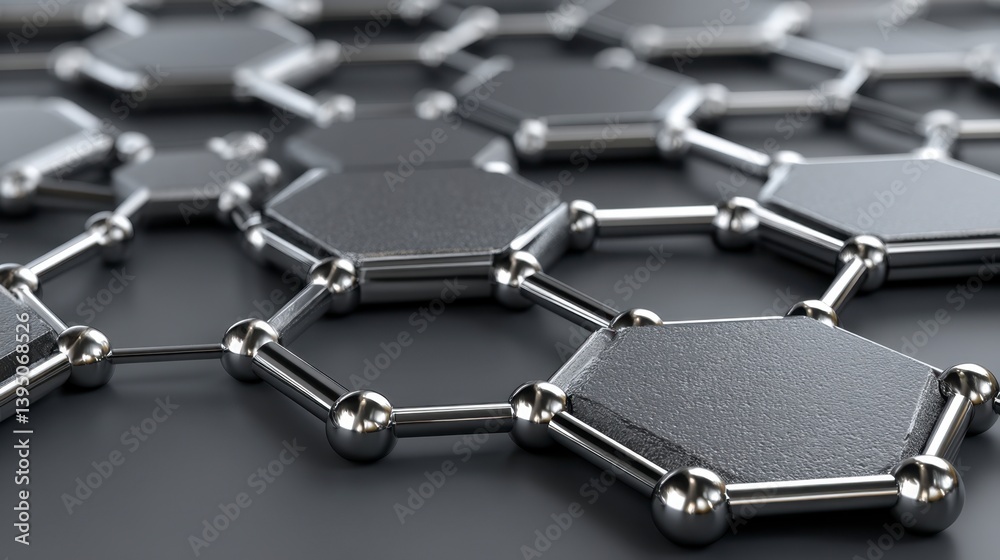 Poster abstract hexagonal metallic structure with chrome spheres connecting. dark gray background. 3d rende