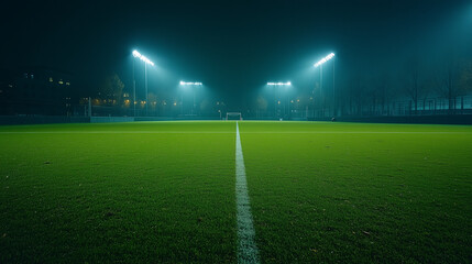 Obraz premium A football field under night lights, capturing the dynamic energy of the game