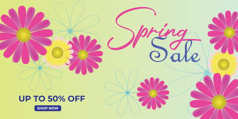Spring sale banner with colorful flower. Spring sale background. Special offer vector background for web banners, discount, Vector illustration.