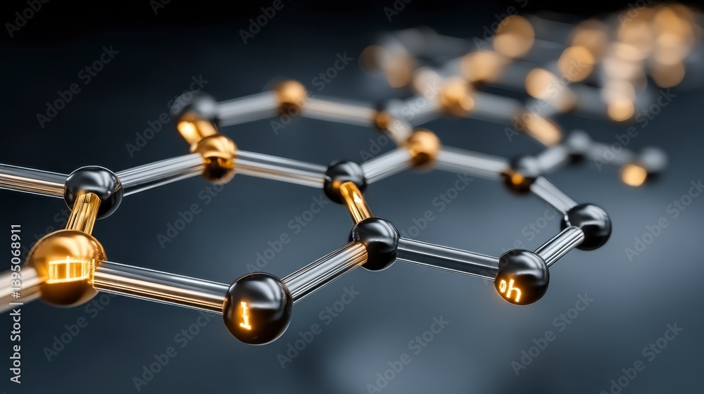 Poster abstract 3d rendering of a metallic molecular structure with glowing nodes, dark background.