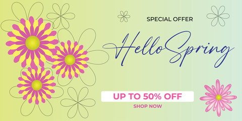 Spring sale banner with colorful flower. Spring sale background. Special offer vector background for web banners, discount, Vector illustration.