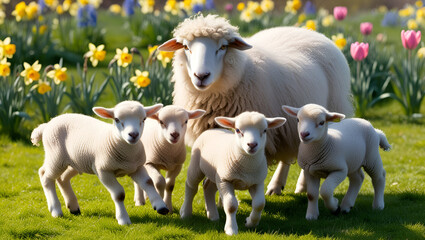Obraz premium A ewe gently watching over her playful lambs in a bright spring field