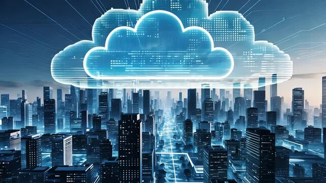 Futuristic city with glowing digital cloud above skyscrapers representing cloud computing and technology.

